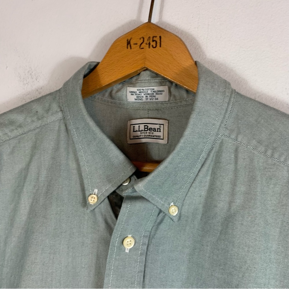 LL Bean Green Cotton Single Needle Tailoring 17.5-34 Button Down Shirt - Picture 5 of 9